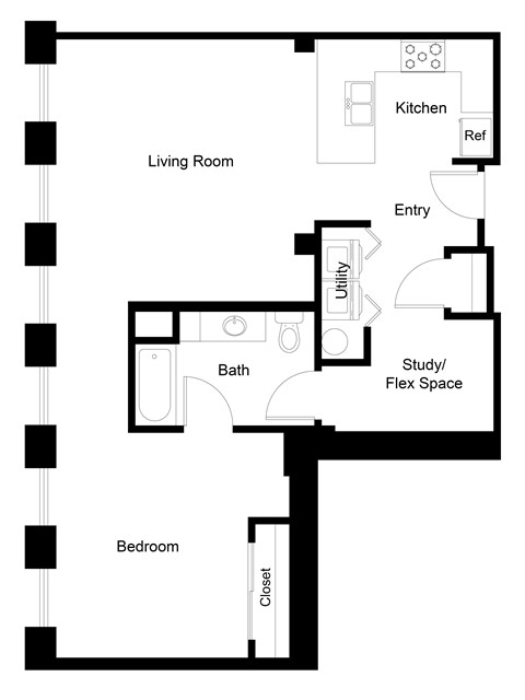 Floor plan for 1 bed, 1 bath, 900 sqft